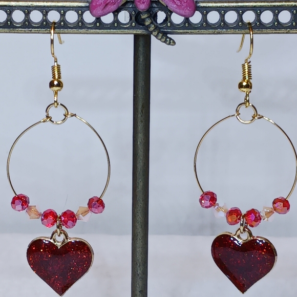 Hand-made Earrings Red enameled Heart charms and crystals on gold-plated wire - Picture 3 of 4